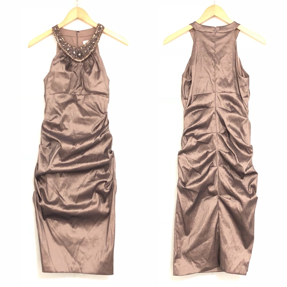 Cache Metallic Bronze Ruched Sides Dress Jeweled
